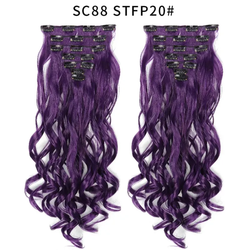 22Inch Curly 16 Clips in Hair Extension Ombre Blue Gray Synthetic Fake Hairpieces Highlight Heat Resistent Fiber For White Women