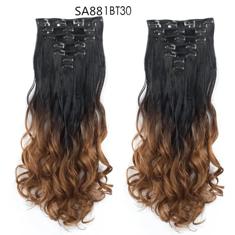 22Inch Curly 16 Clips in Hair Extension Ombre Blue Gray Synthetic Fake Hairpieces Highlight Heat Resistent Fiber For White Women