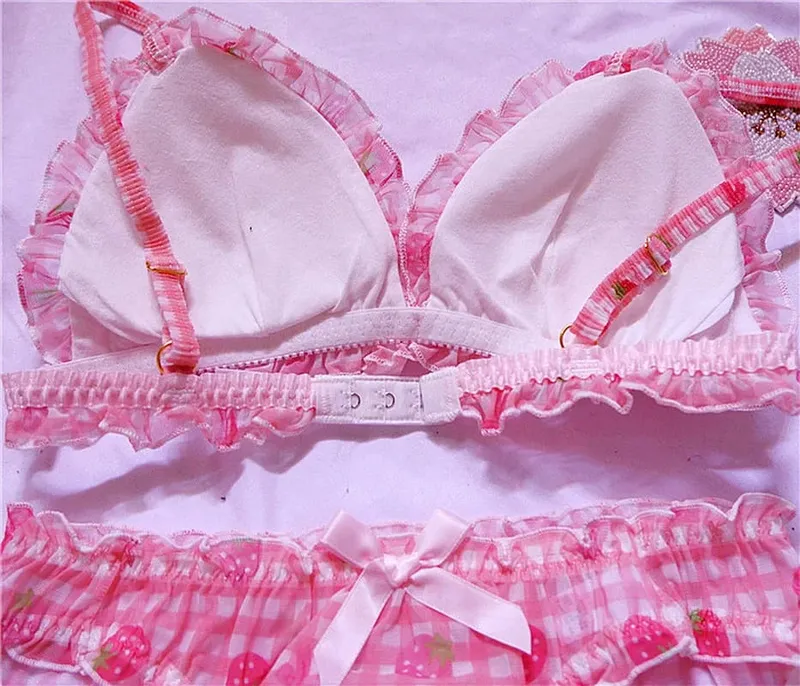 Conjunto de ropa interior y sujetadores japoneses bonitos, conjunto de lencería y sujetador con estampado de fresa Sexy de malla de flores a cuadros rosa para chica Lolita