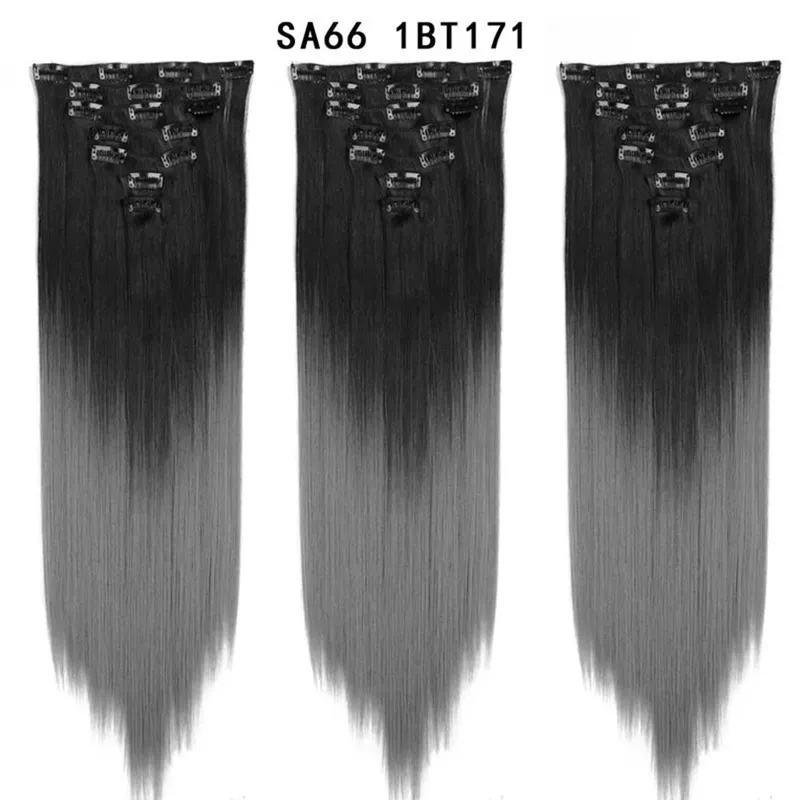 22Inch Synthetic Long Straight Clip In Hair Extensions 16 Clips For Women Fake False Hair Pieces Ombre Black Blonde Styling Hair