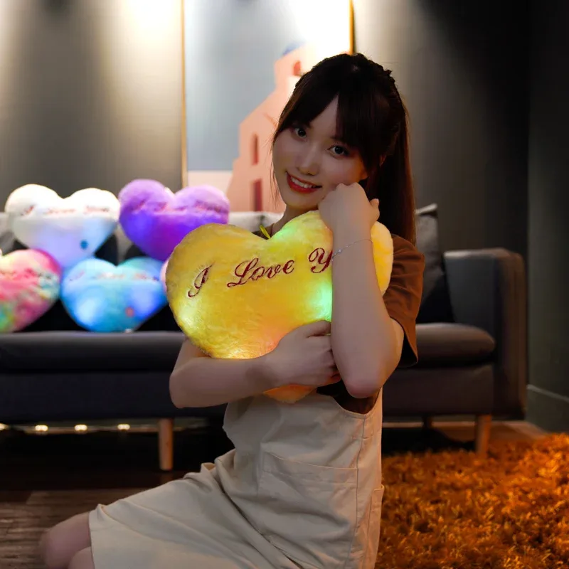 1pc 35CM Glowing Heart Shaped Plush Pillow Stuffed Decorate I LOVE U Colorful Luminous Toy Kids Companion Present Lovers Gift