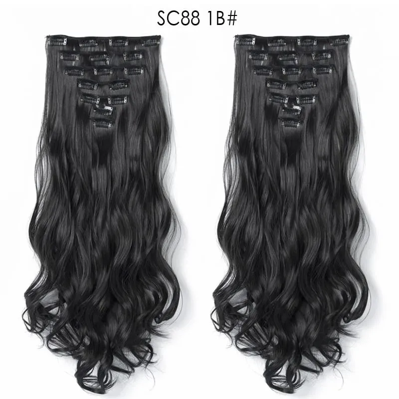 22Inch Curly 16 Clips in Hair Extension Ombre Blue Gray Synthetic Fake Hairpieces Highlight Heat Resistent Fiber For White Women