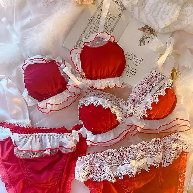 란제리 소녀 요정 Bowknot 쉬폰 얇은 스타일 귀여운 강철 반지 삼각형 컵 브래지어 세트 여성 대형 Bralette 팬티 2pcs