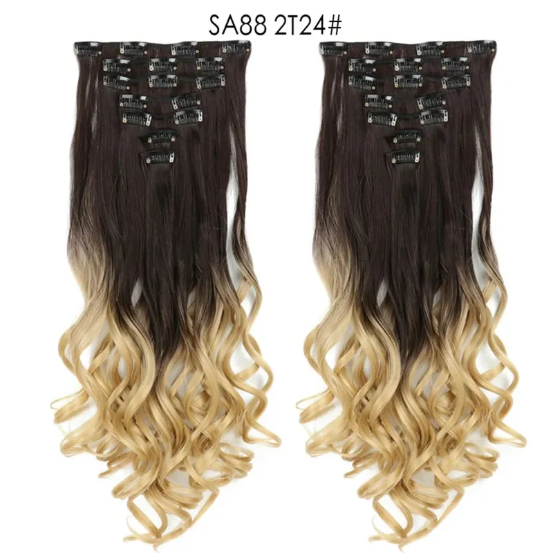 22Inch Curly 16 Clips in Hair Extension Ombre Blue Gray Synthetic Fake Hairpieces Highlight Heat Resistent Fiber For White Women