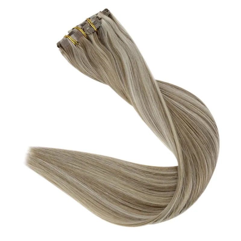 Clip invisibile senza cuciture nelle estensioni dei capelli umani Full Shine 8 pezzi 120 g Colore biondo Remy Balayage — image 14