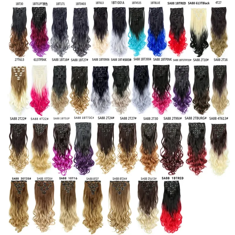 22Inch Curly 16 Clips in Hair Extension Ombre Blue Gray Synthetic Fake Hairpieces Highlight Heat Resistent Fiber For White Women