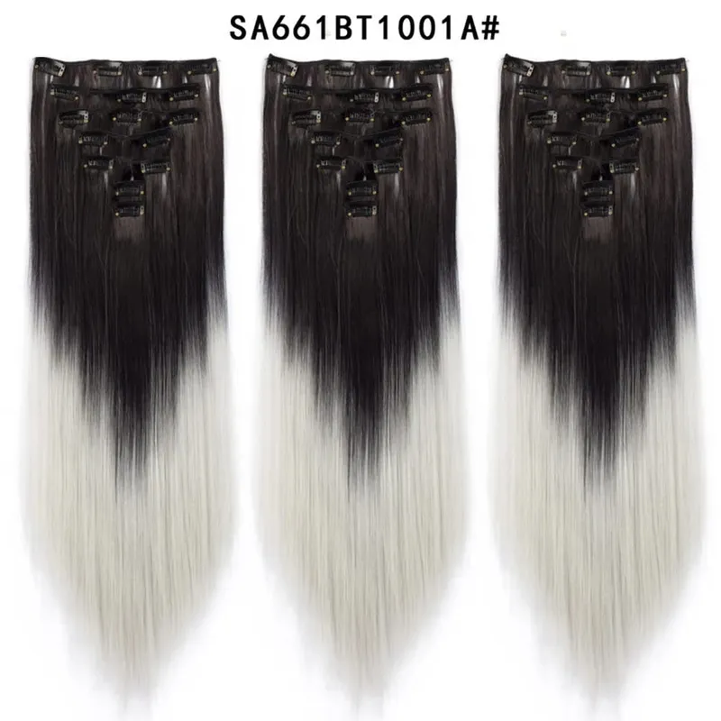 22Inch Synthetic Long Straight Clip In Hair Extensions 16 Clips For Women Fake False Hair Pieces Ombre Black Blonde Styling Hair