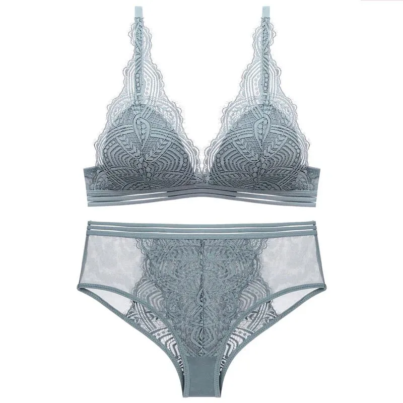 Ince Çizgili Kablosuz Dantel Üçgen Fincan Sutyen ve Külot Seti Iç Çamaşırı Kadın Seksi Fransız Lingerie Kız Sutyen Bralette — image 2