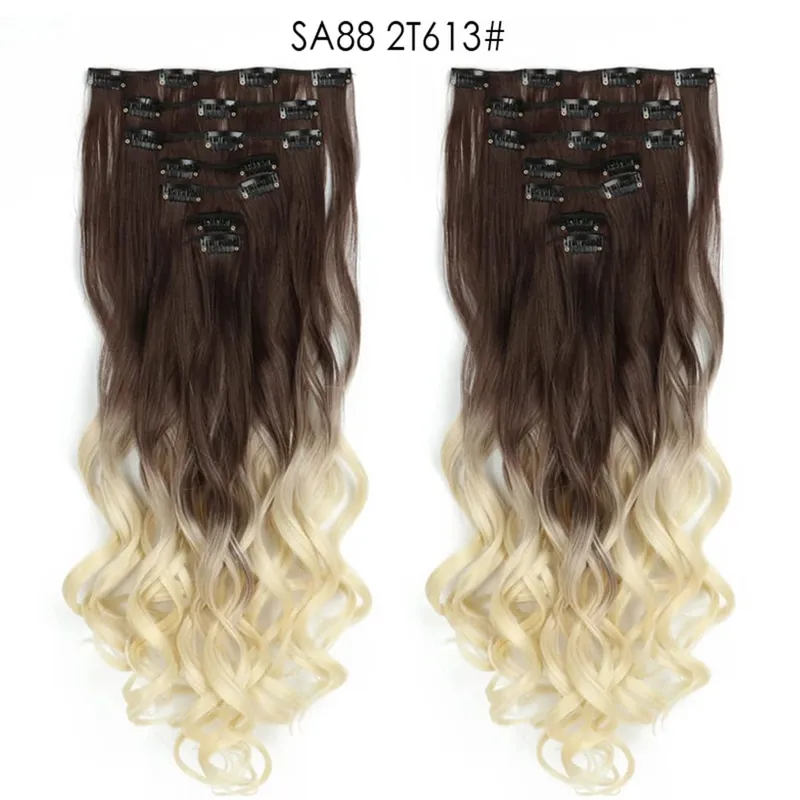 22Inch Curly 16 Clips in Hair Extension Ombre Blue Gray Synthetic Fake Hairpieces Highlight Heat Resistent Fiber For White Women