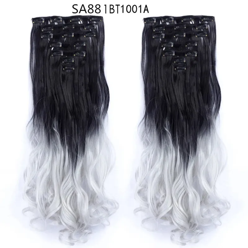 22Inch Curly 16 Clips in Hair Extension Ombre Blue Gray Synthetic Fake Hairpieces Highlight Heat Resistent Fiber For White Women