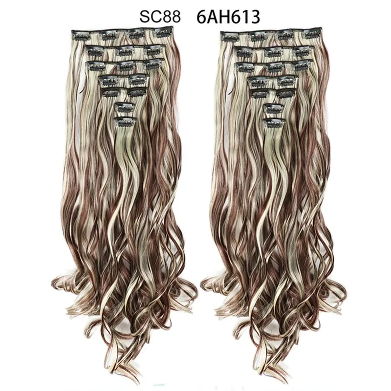 22Inch Curly 16 Clips in Hair Extension Ombre Blue Gray Synthetic Fake Hairpieces Highlight Heat Resistent Fiber For White Women