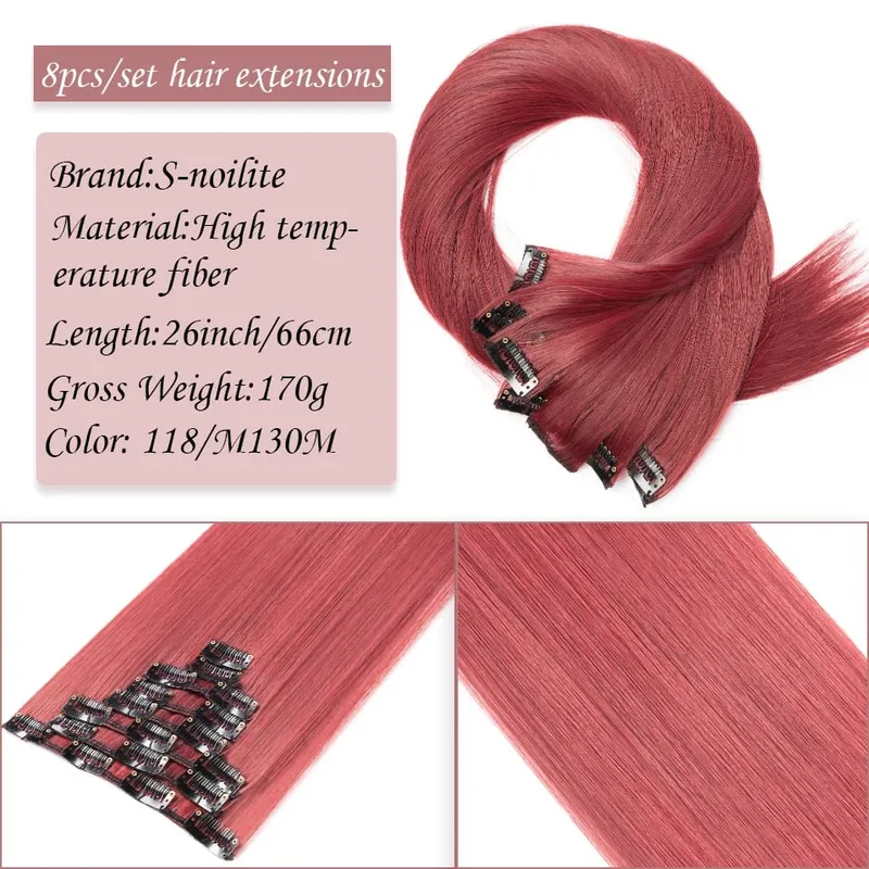 S-noilite Synthetic Clip In Hair Extensions Long Straight Clip In 8pcs/set Hairpieces 26inch Pure Color Pale Blonde Clip In Hair