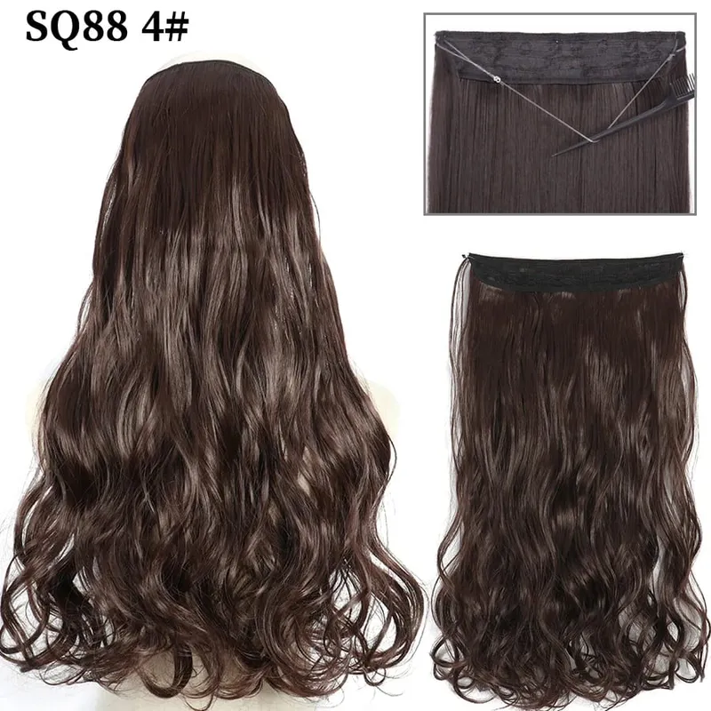 No Clips In Long Wavy Hair Extension Invisible Wire Hidden Fish Line False Hair Piece Synthetic Natural Black Blonde 16”22”32”