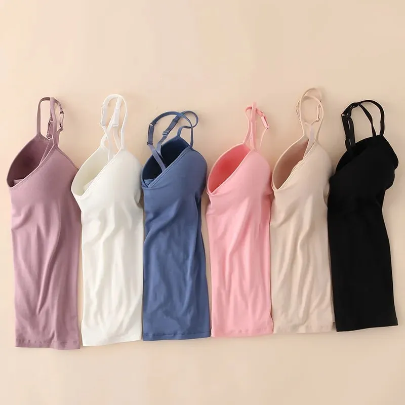 Women's Padded Bra Spaghetti Strap V Neck Vest Cami Tank Tops Shirt Blouse