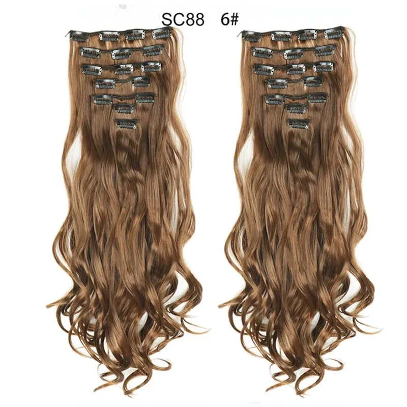 22Inch Curly 16 Clips in Hair Extension Ombre Blue Gray Synthetic Fake Hairpieces Highlight Heat Resistent Fiber For White Women