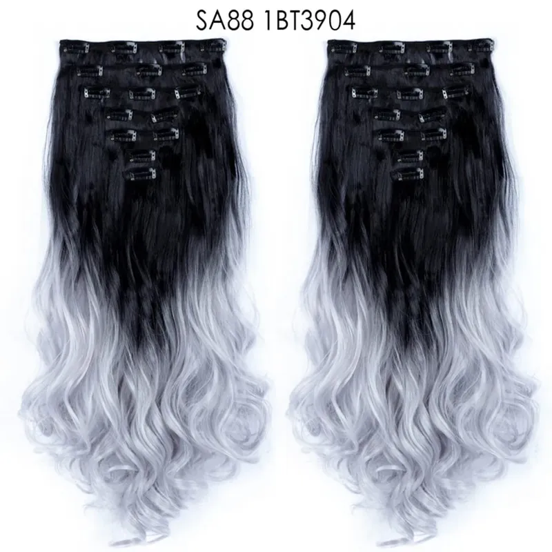22Inch Curly 16 Clips in Hair Extension Ombre Blue Gray Synthetic Fake Hairpieces Highlight Heat Resistent Fiber For White Women