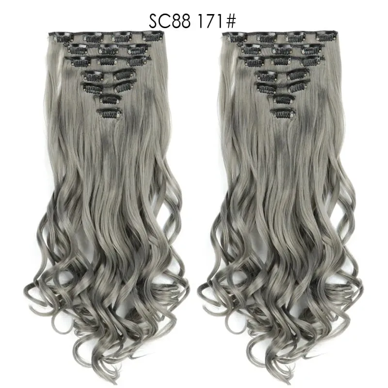 22Inch Curly 16 Clips in Hair Extension Ombre Blue Gray Synthetic Fake Hairpieces Highlight Heat Resistent Fiber For White Women