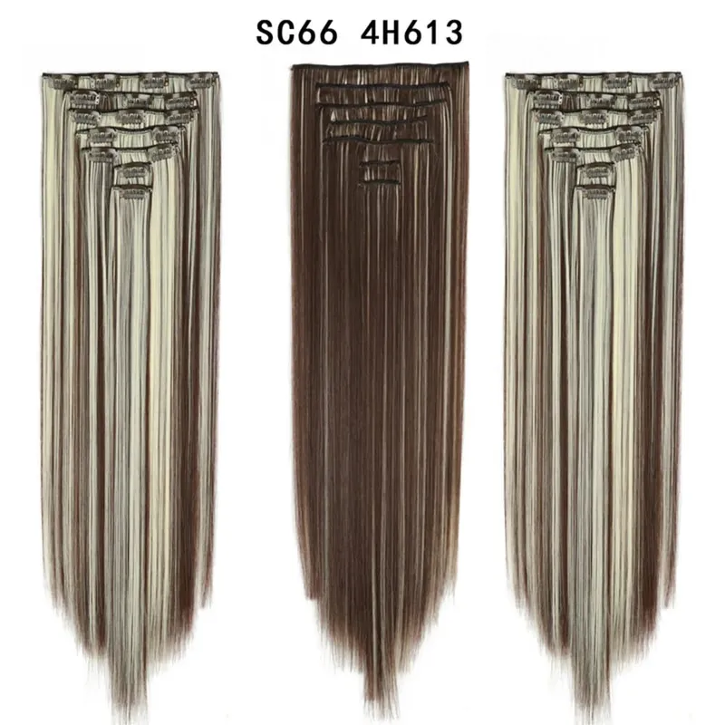 22Inch Synthetic Long Straight Clip In Hair Extensions 16 Clips For Women Fake False Hair Pieces Ombre Black Blonde Styling Hair
