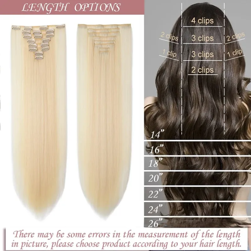 S-noilite Synthetic Clip In Hair Extensions Long Straight Clip In 8pcs/set Hairpieces 26inch Pure Color Pale Blonde Clip In Hair