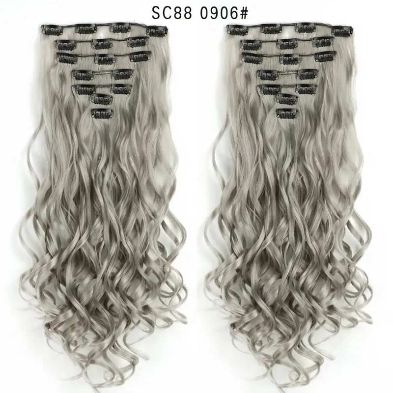 22Inch Curly 16 Clips in Hair Extension Ombre Blue Gray Synthetic Fake Hairpieces Highlight Heat Resistent Fiber For White Women