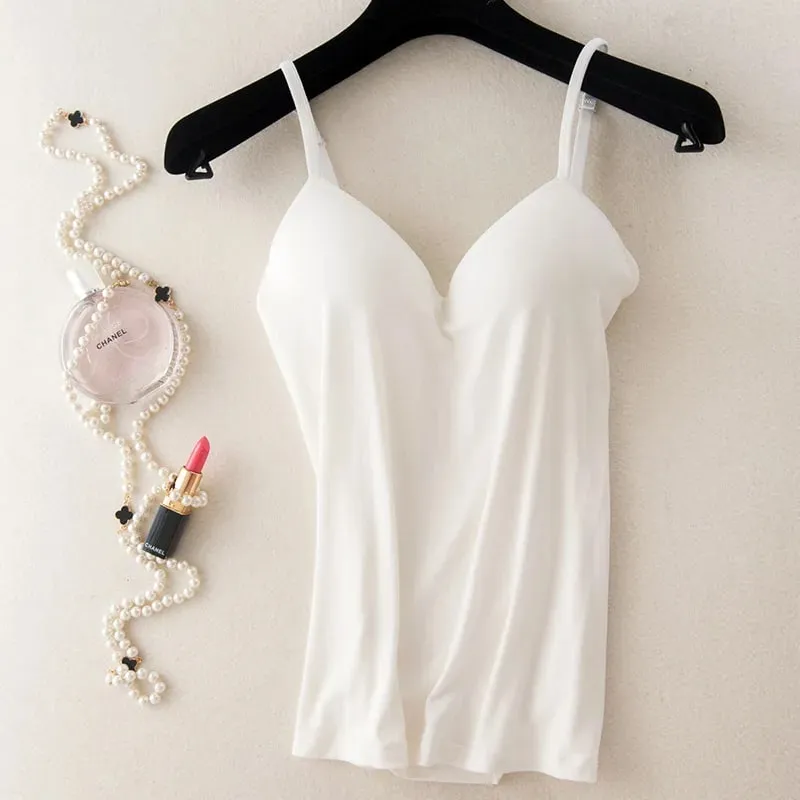 Women's Padded Bra Spaghetti Strap V Neck Vest Cami Tank Tops Shirt Blouse