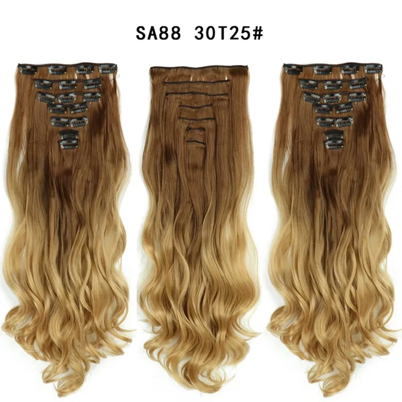 22Inch Curly 16 Clips in Hair Extension Ombre Blue Gray Synthetic Fake Hairpieces Highlight Heat Resistent Fiber For White Women