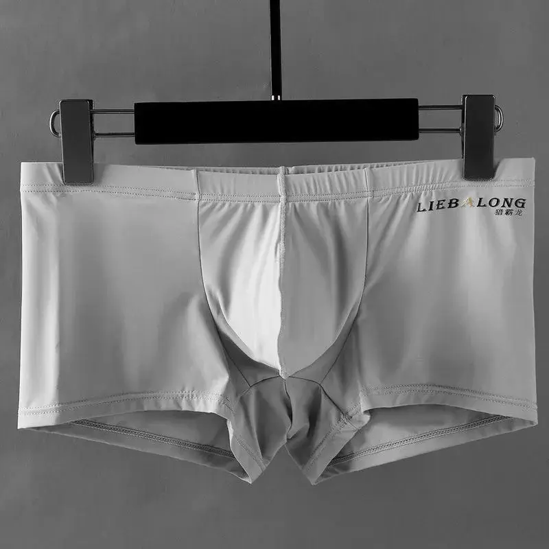 Sexy roupa interior masculina boxers de seda gelo sexi para meninos homem u convexo grande saco respirável protuberância shorts náilon verão pounch calcinha conjunto