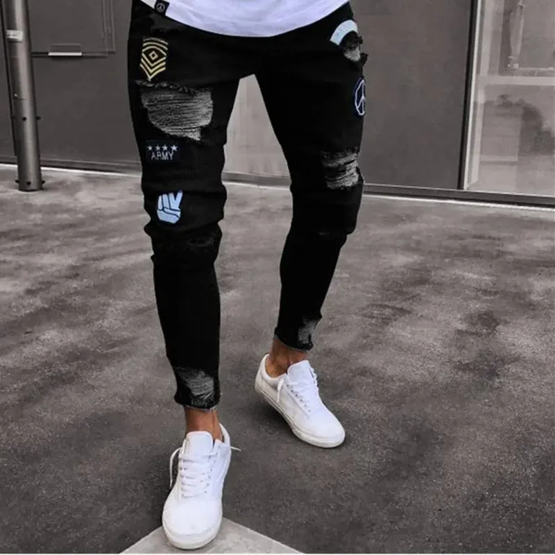 Heren stretchy gescheurde skinny biker borduurwerk cartoon print jeans vernietigd gat slim fit denim hoge kwaliteit hiphop zwarte jeans