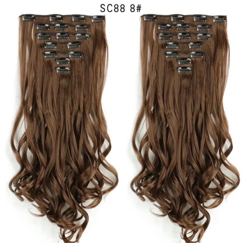 22Inch Curly 16 Clips in Hair Extension Ombre Blue Gray Synthetic Fake Hairpieces Highlight Heat Resistent Fiber For White Women