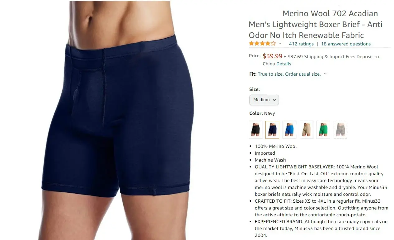 Men Underwear Men Boxer Brief Underpants 100% Merino Wool 9inch Performance Men Underwear Wicking Breathable Soft USA Size S-2XL