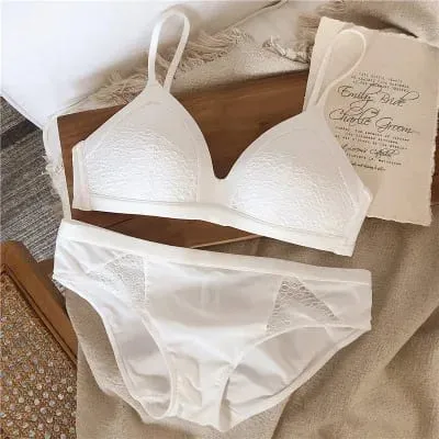 Set reggiseno sexy senza fili in cotone sottile con coppa in pizzo, reggiseno e mutandine alla moda, set intimo senza pietre, slip bralette da donna