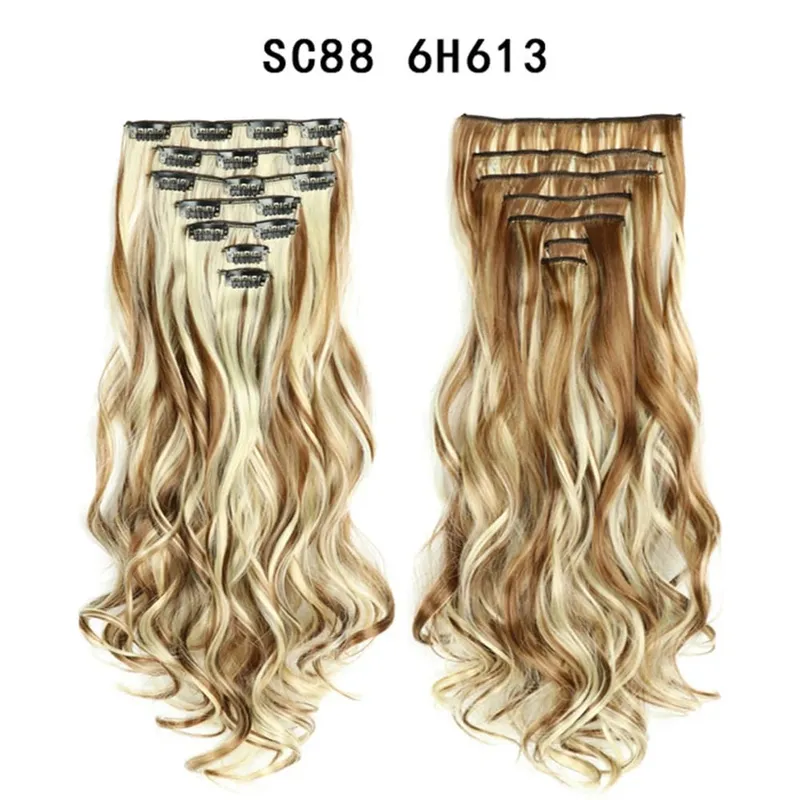 22Inch Curly 16 Clips in Hair Extension Ombre Blue Gray Synthetic Fake Hairpieces Highlight Heat Resistent Fiber For White Women