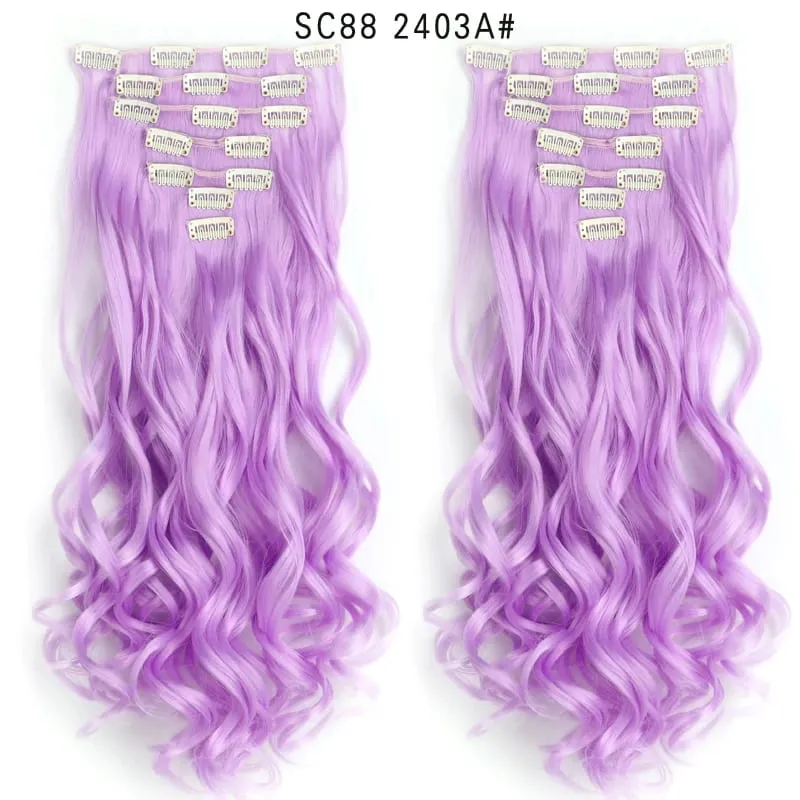 22Inch Curly 16 Clips in Hair Extension Ombre Blue Gray Synthetic Fake Hairpieces Highlight Heat Resistent Fiber For White Women