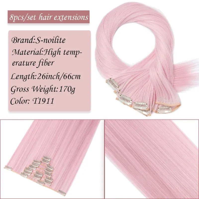 S-noilite Synthetic Clip In Hair Extensions Long Straight Clip In 8pcs/set Hairpieces 26inch Pure Color Pale Blonde Clip In Hair