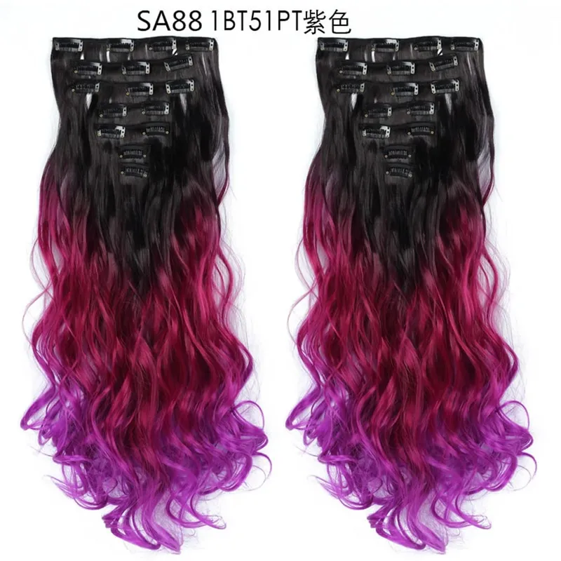22Inch Curly 16 Clips in Hair Extension Ombre Blue Gray Synthetic Fake Hairpieces Highlight Heat Resistent Fiber For White Women