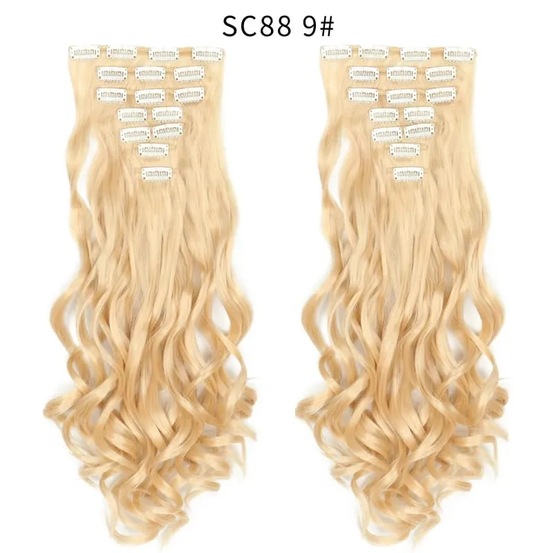 22Inch Curly 16 Clips in Hair Extension Ombre Blue Gray Synthetic Fake Hairpieces Highlight Heat Resistent Fiber For White Women