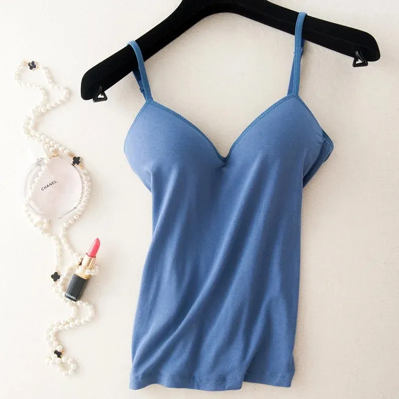 2024 Retro Vintage Basic&Casual Contracted wind Women Padded Bra Spaghetti Strap V Neck Vest Cami Tank Tops Shirt Blouse