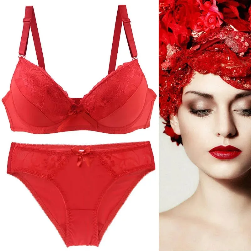 2021 New Women Push Up Bra Sets Intimates Lace Thongs Underwear Solid Bow 70-105 BCDE Cup Female Plus Size Lingerie — image 5