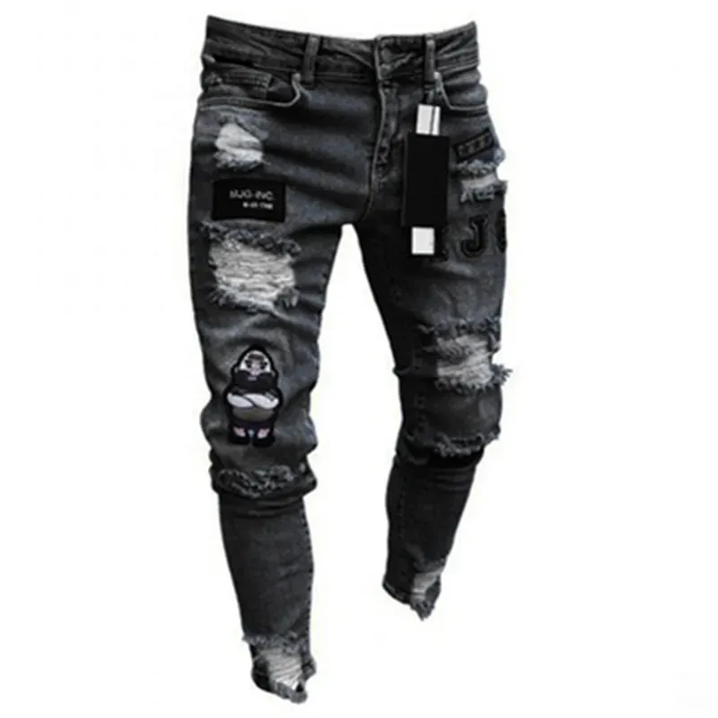 Heren stretchy gescheurde skinny biker borduurwerk cartoon print jeans vernietigd gat slim fit denim hoge kwaliteit hiphop zwarte jeans — image 4