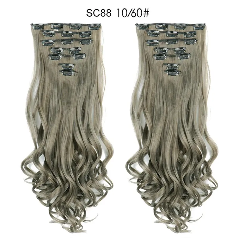 22Inch Curly 16 Clips in Hair Extension Ombre Blue Gray Synthetic Fake Hairpieces Highlight Heat Resistent Fiber For White Women