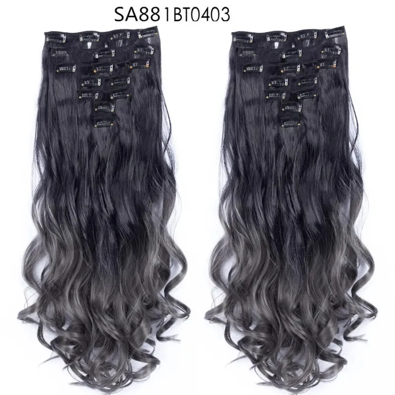 22Inch Curly 16 Clips in Hair Extension Ombre Blue Gray Synthetic Fake Hairpieces Highlight Heat Resistent Fiber For White Women