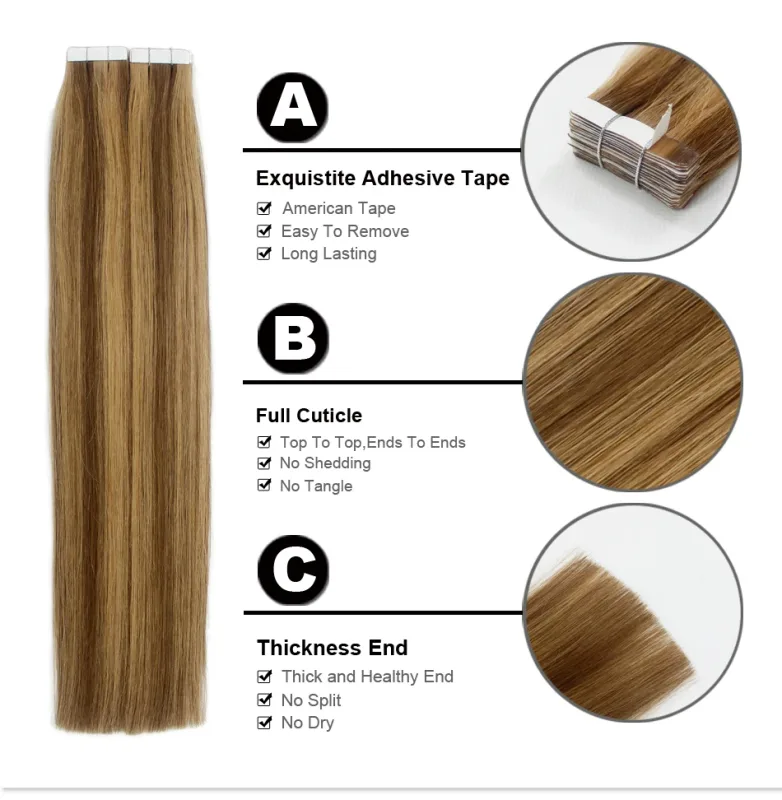 2.0g/pc 20" 20Pcs Remy Tape In Hair Extensions Piano Color Seamless Straight Skin Weft Human Hair Extensions