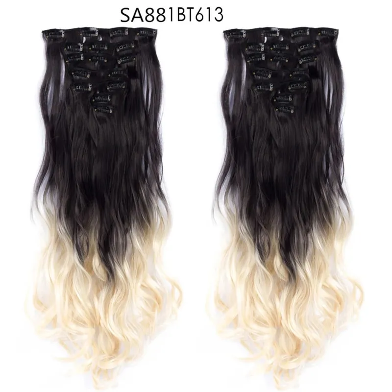 22Inch Curly 16 Clips in Hair Extension Ombre Blue Gray Synthetic Fake Hairpieces Highlight Heat Resistent Fiber For White Women