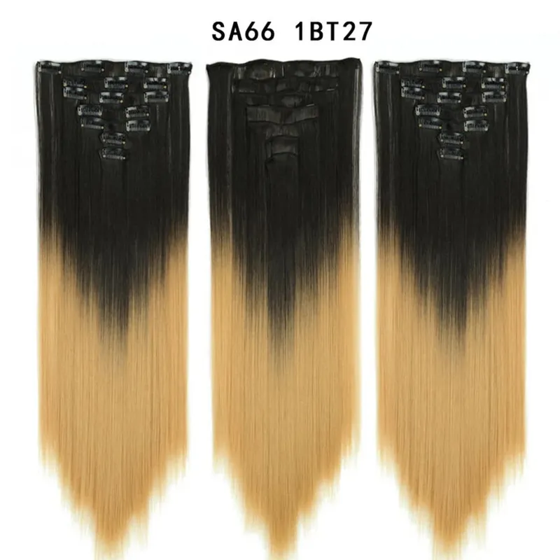 22Inch Synthetic Long Straight Clip In Hair Extensions 16 Clips For Women Fake False Hair Pieces Ombre Black Blonde Styling Hair