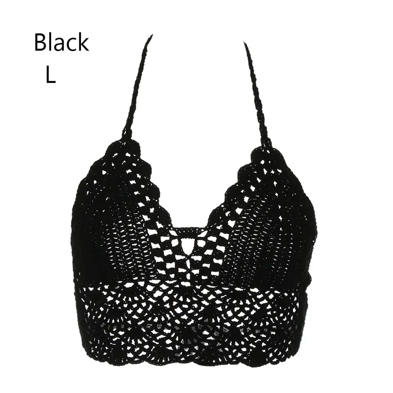 New Sexy Bikini Crop Top Crochet Boho Beach Camisoles Bikini Bralette Halter Cami Knitted Bra Women Backless Beachwear Tank Top