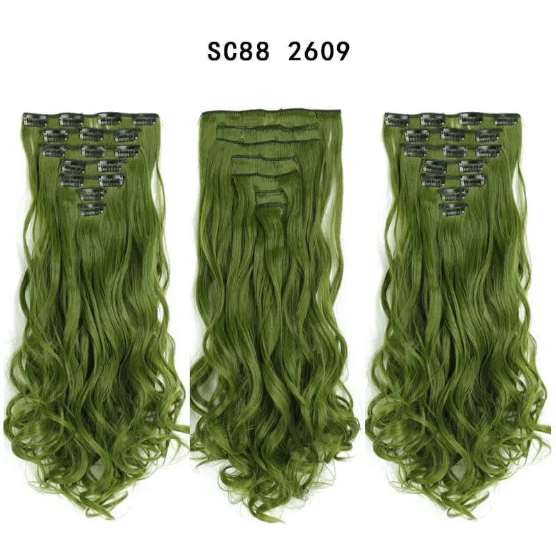 22Inch Curly 16 Clips in Hair Extension Ombre Blue Gray Synthetic Fake Hairpieces Highlight Heat Resistent Fiber For White Women