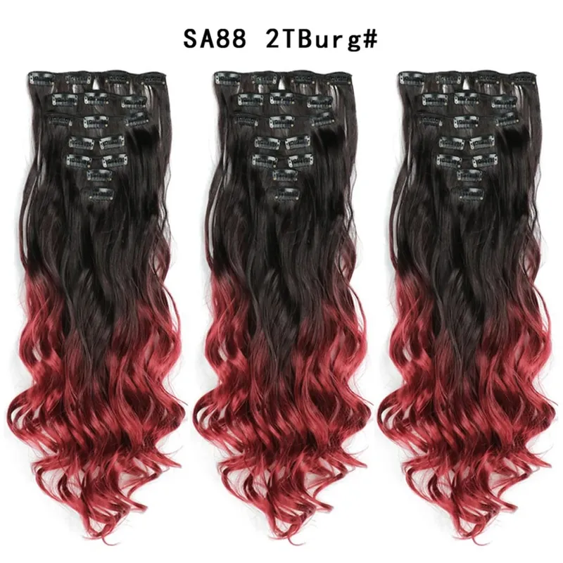 22Inch Curly 16 Clips in Hair Extension Ombre Blue Gray Synthetic Fake Hairpieces Highlight Heat Resistent Fiber For White Women