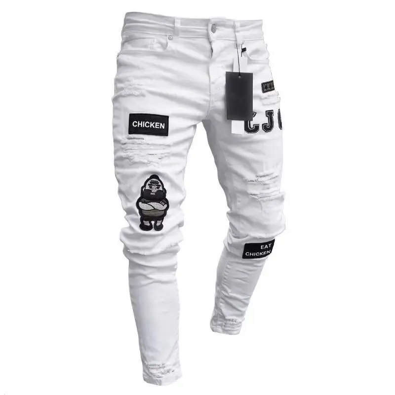 Heren stretchy gescheurde skinny biker borduurwerk cartoon print jeans vernietigd gat slim fit denim hoge kwaliteit hiphop zwarte jeans — image 6