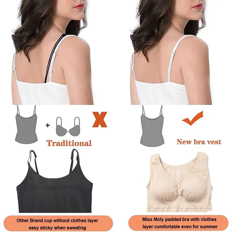 Tank Top untuk Wanita dengan Bra Rak Bra Bawaan Kamisol Dasar Tali Lebar Kasual Pembentuk Atasan Tanpa Lengan dengan Bra yang Dapat Dilepas