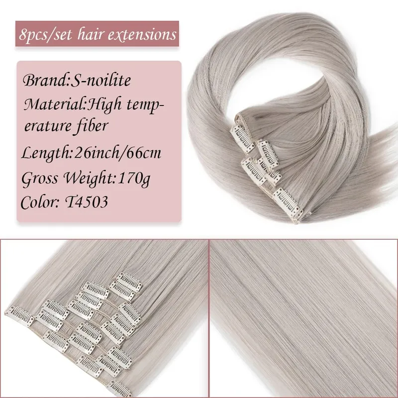 S-noilite Synthetic Clip In Hair Extensions Long Straight Clip In 8pcs/set Hairpieces 26inch Pure Color Pale Blonde Clip In Hair